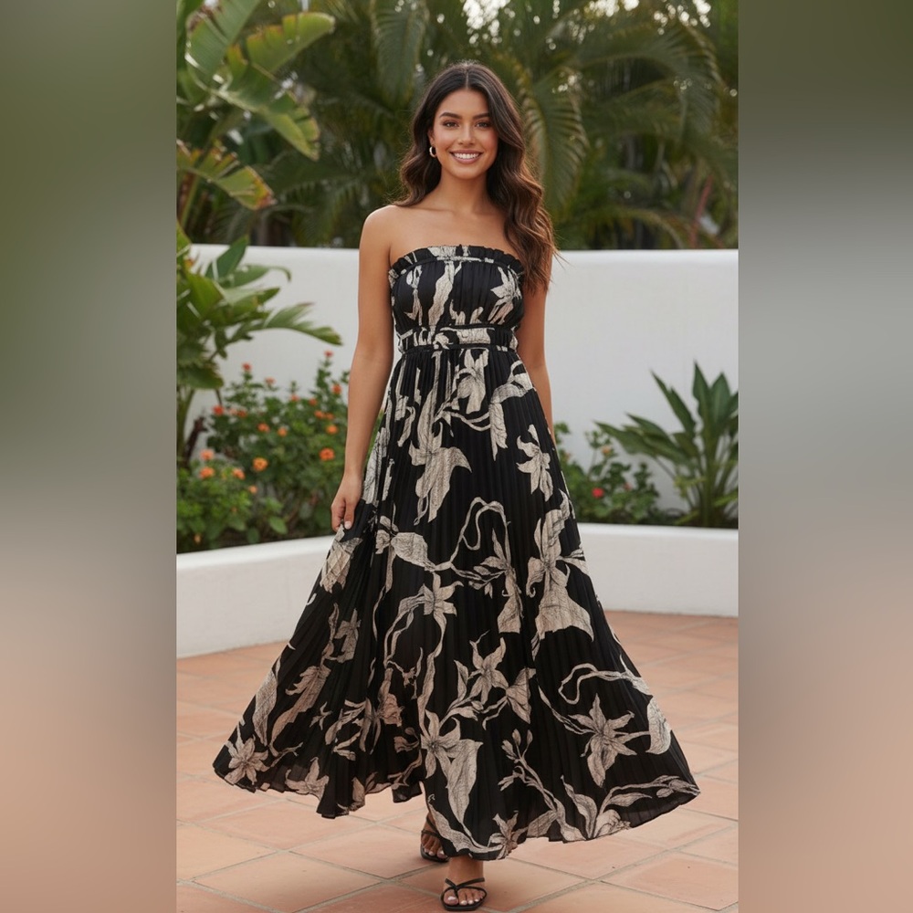 Angelique Elegant Black and Cream Floral Strapless Dress by Petal & Pup